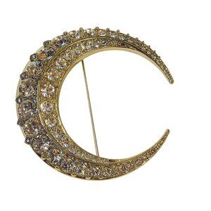 Vintage Inspired Crescent Moon‎ Rhinestone Brooch 3” Gold-Tone NWOT